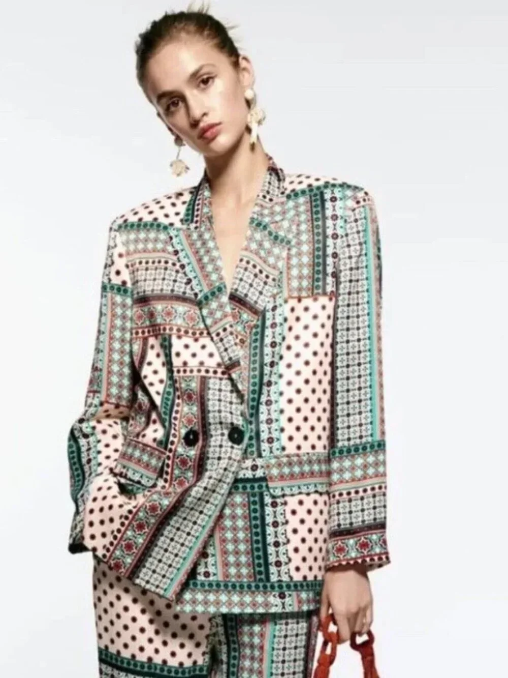 EUC Zara Retro Patchwork Printed Multicolor Satin-Effect Blazer XS